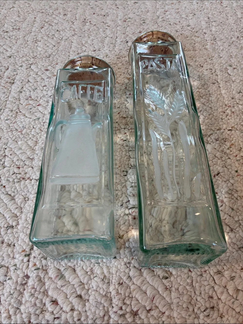 Vintage Italian Clear Aquamarine Glass Pasta & Caffe Canisters with Cork Lids